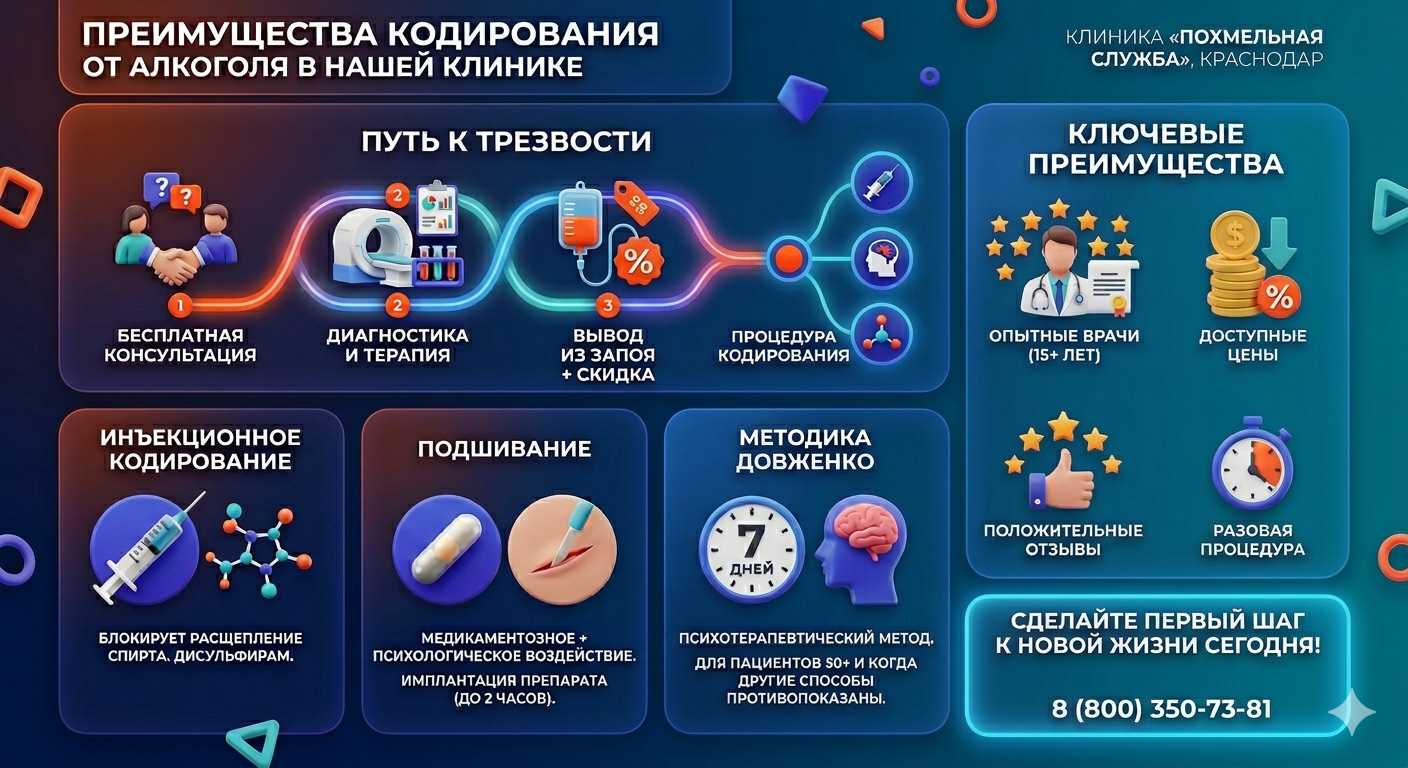 Инфографика о методах кодирования от алкоголя в Ильинском: инъекции, подшивание, метод Довженко. Преимущества клиники и этапы лечения.
